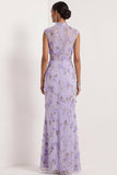Robe de mariée longue à col haut appliquée en sirène lilas
