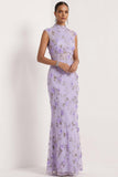 Robe de mariée longue à col haut appliquée en sirène lilas