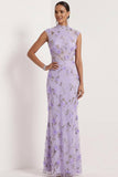 Robe de mariée longue à col haut appliquée en sirène lilas
