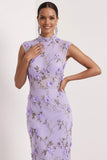 Robe de mariée longue à col haut appliquée en sirène lilas