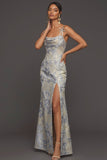 Petite robe formelle longue à bretelles florales jacquard bleu poussiéreux avec fente