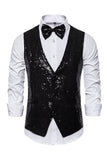Gilet de costume homme noir à col en V et paillettes simple boutonne