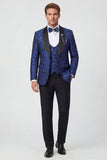 Costumes de bal Jacquard en trois pièces bleus à un bouton, revers de la chale
