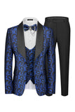 Costumes de bal Jacquard en trois pièces bleus à un bouton, revers de la chale