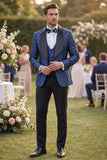 Costumes de bal Jacquard en trois pièces bleus à un bouton, revers de la chale