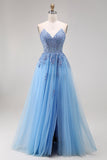 Robe de soirée longue bleue ligne A bustier tulle cœur appliqué avec fente