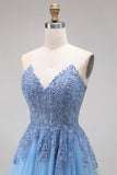 Robe de soirée longue bleue ligne A bustier tulle cœur appliqué avec fente