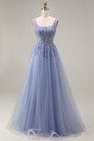 Robe de bal longue lavande poussiéreuse en tulle bustier col carré appliqué