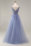Robe de bal longue lavande poussiéreuse en tulle bustier col carré appliqué