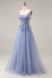Robe de bal longue lavande poussiéreuse en tulle bustier col carré appliqué