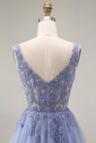 Robe de bal longue lavande poussiéreuse en tulle bustier col carré appliqué
