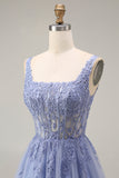 Robe de bal longue lavande poussiéreuse en tulle bustier col carré appliqué
