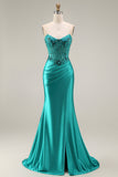 Robe de soirée longue sirène paon en satin bustier avec fente
