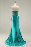Robe de soirée longue sirène paon en satin bustier avec fente