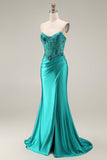 Robe de soirée longue sirène paon en satin bustier avec fente