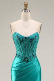 Robe de soirée longue sirène paon en satin bustier avec fente