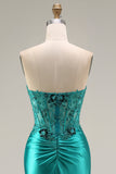 Robe de soirée longue sirène paon en satin bustier avec fente