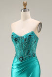 Robe de soirée longue sirène paon en satin bustier avec fente