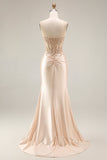 Robe de soirée longue champagne en satin bustier