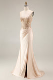 Robe de soirée longue champagne en satin bustier