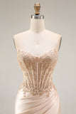 Robe de soirée longue champagne en satin bustier
