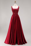 Robe de bal longue bourgogne scintillante en velours ligne A col carré avec perles