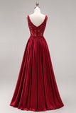 Robe de bal longue bourgogne scintillante en velours ligne A col carré avec perles