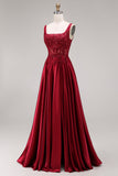 Robe de bal longue bourgogne scintillante en velours ligne A col carré avec perles