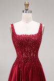 Robe de bal longue bourgogne scintillante en velours ligne A col carré avec perles