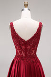 Robe de bal longue bourgogne scintillante en velours ligne A col carré avec perles