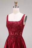 Robe de bal longue bourgogne scintillante en velours ligne A col carré avec perles