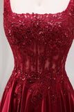 Robe de bal longue bourgogne scintillante en velours ligne A col carré avec perles