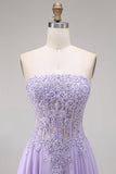 Robe de bal longue lilas tulle bustier ligne A appliquée