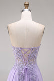Robe de bal longue lilas tulle bustier ligne A appliquée