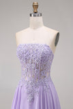 Robe de bal longue lilas tulle bustier ligne A appliquée