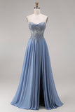 Robe de bal longue bleu acier ligne A bustier en chiffon perlée appliquée avec fente