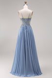 Robe de bal longue bleu acier ligne A bustier en chiffon perlée appliquée avec fente