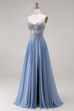 Robe de bal longue bleu acier ligne A bustier en chiffon perlée appliquée avec fente