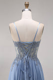 Robe de bal longue bleu acier ligne A bustier en chiffon perlée appliquée avec fente