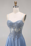 Robe de bal longue bleu acier ligne A bustier en chiffon perlée appliquée avec fente