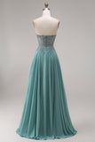 Robe de bal longue eucalyptus ligne A bustier en chiffon cœur perlée appliquée avec fente