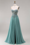 Robe de bal longue eucalyptus ligne A bustier en chiffon cœur perlée appliquée avec fente