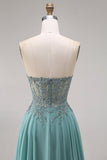 Robe de bal longue eucalyptus ligne A bustier en chiffon cœur perlée appliquée avec fente