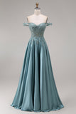 Robe de bal longue agave en satin bustier épaules dénudées appliquée de perles