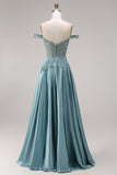 Robe de bal longue agave en satin bustier épaules dénudées appliquée de perles