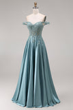 Robe de bal longue agave en satin bustier épaules dénudées appliquée de perles