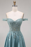 Robe de bal longue agave en satin bustier épaules dénudées appliquée de perles
