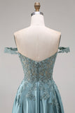 Robe de bal longue agave en satin bustier épaules dénudées appliquée de perles
