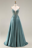Robe de bal longue agave satin ligne A bustier perlée appliquée avec fente