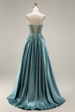 Robe de bal longue agave satin ligne A bustier perlée appliquée avec fente